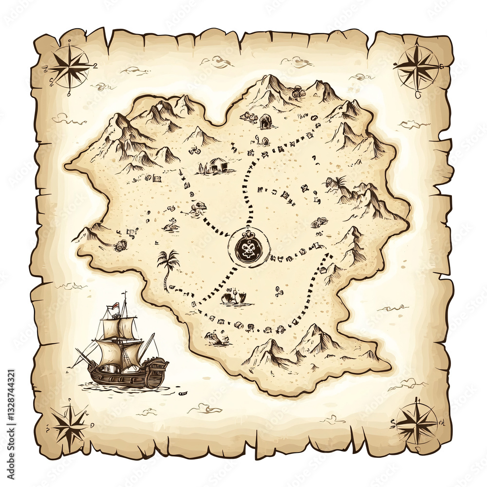 Treasure map with island isolated on transparent background. Stock ...