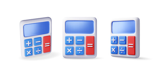 Poster - 3D set of modern calculator isolated on white. Render mathematics icon. Addition, subtraction, multiplication and division buttons. Arithmetic operations. Financial math device. Vector illustration