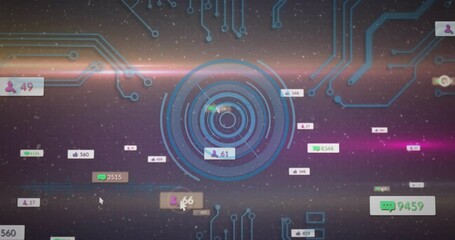 Poster - In school, animation showing digital interface with social media and circuit patterns