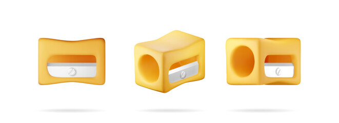 Poster - 3D set of plastic pencil sharpener isolated on white. Render collection of yellow sharpener tool icon. Office supply stationery and education. Vector illustration