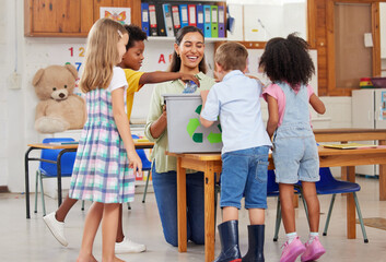 Aufkleber - Education, woman and kids in classroom, teaching and project for earth day, recycle and learning. Child development, happy students and educator with creativity, knowledge and growth in school