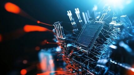 Poster - Dynamic action of a circuit board digital realm conceptual art high-tech environment close-up view innovation in technology