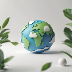 Poster - Colorful globe model representing continents and clouds surrounded by greenery