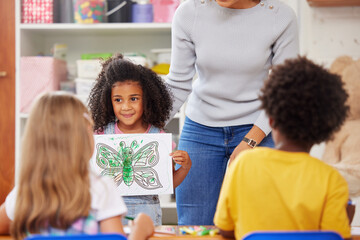 Aufkleber - Education, woman and girl in classroom, show art and learning with presentation. Group, teacher and kids in school, knowledge or creative project with pride, child development and growth with drawing