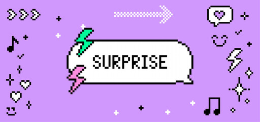 Poster - Pixel dialogue box text saying Surprise with sparkles. Y2k trendy vector illustration. 8 bit retro style vector background. Simple geometric form. Mood of 90's aesthetics. Pixel art pattern