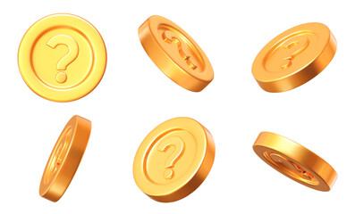 Wall Mural - 3d set golden question mark coins with different angles. stock vector illustration on isolated backg