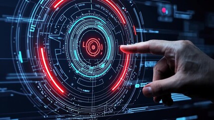Poster - Futuristic Technology Interface with Hand Touching Digital Display and Neon Elements in a High-Tech Environment