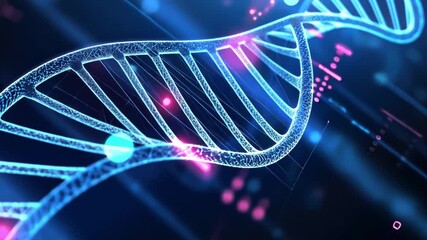 Poster - Futuristic Representation of DNA Structure with Neon Glow and Technological Elements in a Deep Blue Background