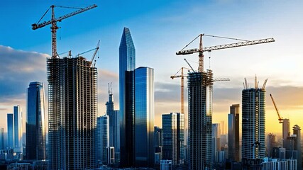 Poster - Construction Scene at Dusk with Skyscrapers, Cranes, and Urban Development Under a Colorful Sky