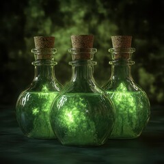 Poster - Glass Potion Bottles with Green Liquid on Dark Background
