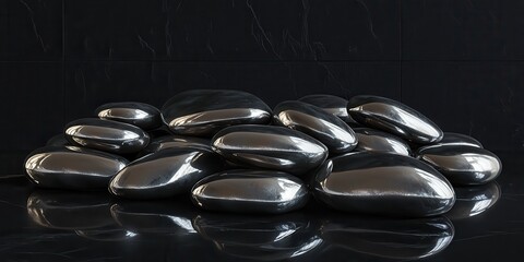 Poster - Polished Black Stones Piled Artistic Arrangement on Dark Surface