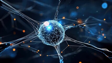 Fototapete - Intricate Neural Network with Luminous Connections and Vibrant Blue and Yellow Particles Amidst a Deep Black Background for Scientific Illustrations