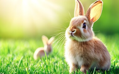 adorable fluffy brown bunny rabbit in green grass pet fur cute ears eyes soft long wild