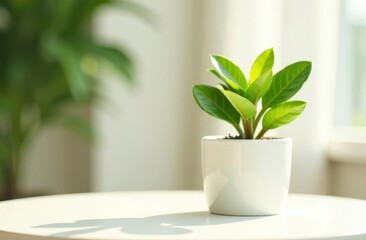 Aufkleber - Simple green plant in white pot on bright table near window