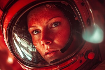 Poster - Female astronaut in a red suit during a space mission reflecting determination and focus while observing her surroundings