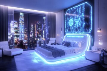 Aufkleber - Modern luxury bedroom with futuristic design and city skyline view at night