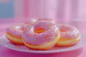 Poster - Donuts with pink icing and sprinkles arranged on a plate against a colorful background