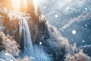 Poster - Majestic waterfall surrounded by snowy mountains and evergreen trees in a winter wonderland