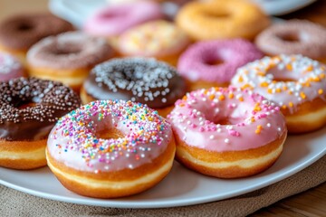 Aufkleber - Colorful selection of donuts displayed on a platter at a casual gathering in bright daylight