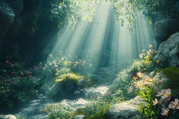 Poster - Sunlight filters through trees in a serene forest glade with a flowing stream and vibrant flowers