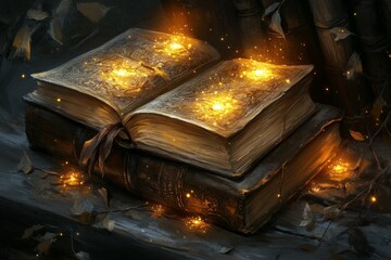 Poster - Mystical glowing book resting on a wooden surface surrounded by ethereal particles at twilight