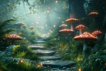 Poster - Mushroom path illuminated by soft lights in a mystical forest during twilight