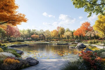 Poster - Serene autumn landscape with colorful foliage and tranquil pond in a park during sunny weather