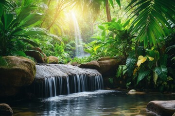 Poster - Lush tropical rainforest with a serene waterfall flowing into a calm pool surrounded by vibrant green foliage and sunlight filtering through trees