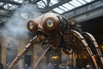 Poster - Mechanical octopus sculpture captures attention in industrial setting at cultural exhibition in Europe