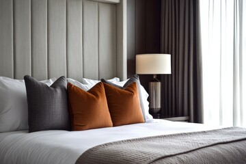 Aufkleber - Elegant hotel bedroom featuring stylish pillows and soft lighting with a serene atmosphere during the day
