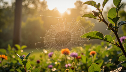 Delicate spider web glistens in morning light, symbol of resilience