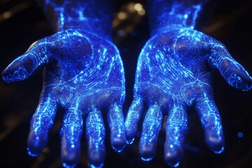 Poster - Glowing hands illuminated by blue light display intricate patterns and details during a creative showcase