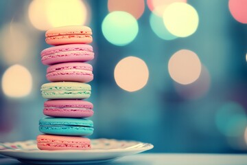 Poster - Colorful macarons stacked on a decorative plate with vibrant bokeh lights in the background