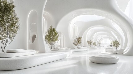 Poster - Serene Modern Interior Design with Curved Lines and Greenery