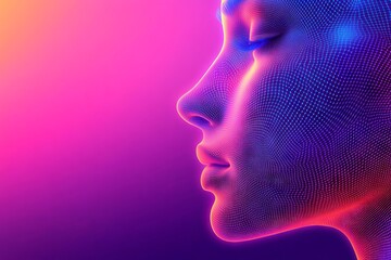 Poster - Digital art representing a futuristic human profile illuminated in vibrant purple and pink tones