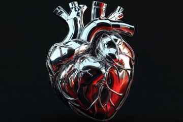 Poster - Realistic metallic heart sculpture displayed against a dark background showing intricate details and vivid coloration