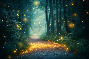 Poster - Magical glow of fireflies illuminating a forest pathway at twilight in a serene natural setting