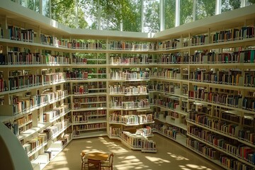 Poster - Beautiful library interior with natural light and organized bookshelves in a tranquil setting