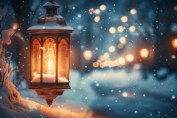 Aufkleber - Gentle snowfall envelops a glowing lantern by a snowy path during a serene winter evening