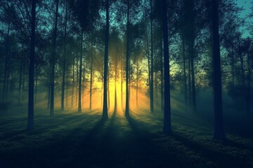 Poster - Misty forest at dawn with sunlight filtering through towering trees and creating a magical atmosphere