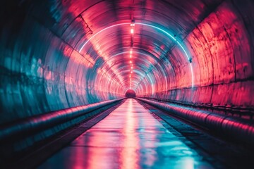 Poster - Vibrant illuminated tunnel with colorful lights reflecting on wet surfaces at night in an urban environment