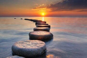 Poster - Sunset over water with stepping stones leading to horizon in serene landscape