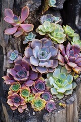 Poster - A group of succulents placed on top of a natural tree stump, perfect for indoor or outdoor decoration