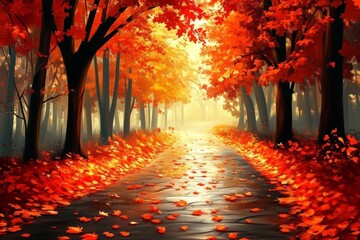 Aufkleber - Vibrant autumn foliage lining a serene path under soft morning light in a peaceful forest