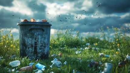Poster - A trash can sits in the middle of a green field, surrounded by nature