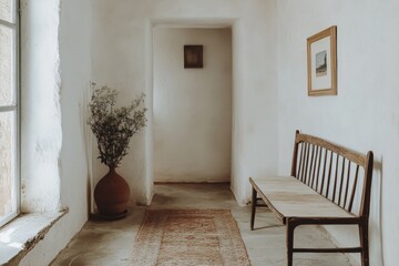 Aufkleber - Cozy interior of a minimalist hallway featuring a wooden bench and natural decor elements in a serene environment