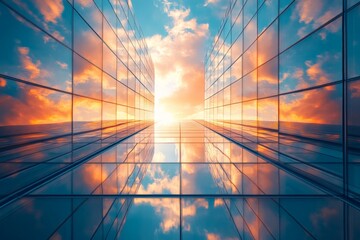 Fototapete - Reflections of the sunset in modern skyscrapers creating a vibrant atmosphere in an urban setting