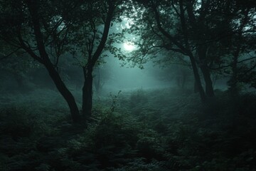 Poster - Misty forest at dawn with fog creating an ethereal atmosphere and silhouettes of trees in serene surroundings
