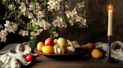 Aufkleber - A still life image of a plate of fruit with a candle on a table