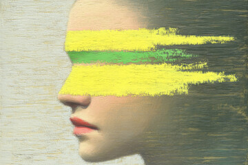 Aufkleber - side profile of woman face is partially obscured by bold yellow and green brushstrokes, creating striking contrast. artwork blends realism with abstract elements, emphasizing lips and brushstrokes